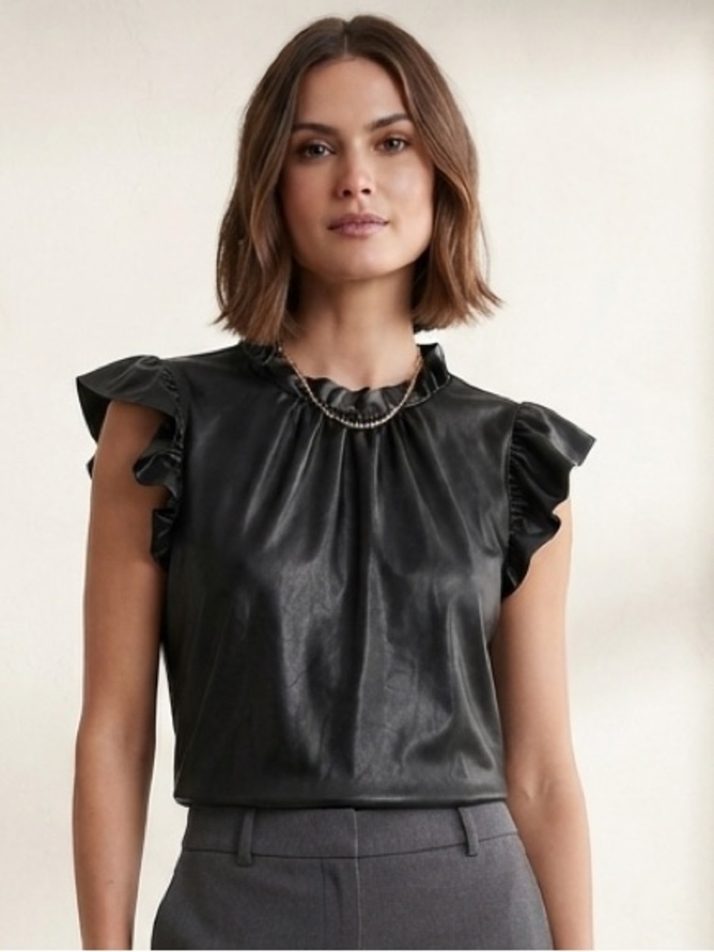 JODIFL Black Faux Leather Ruffle Sleeve Blouse, Women’s Size Medium